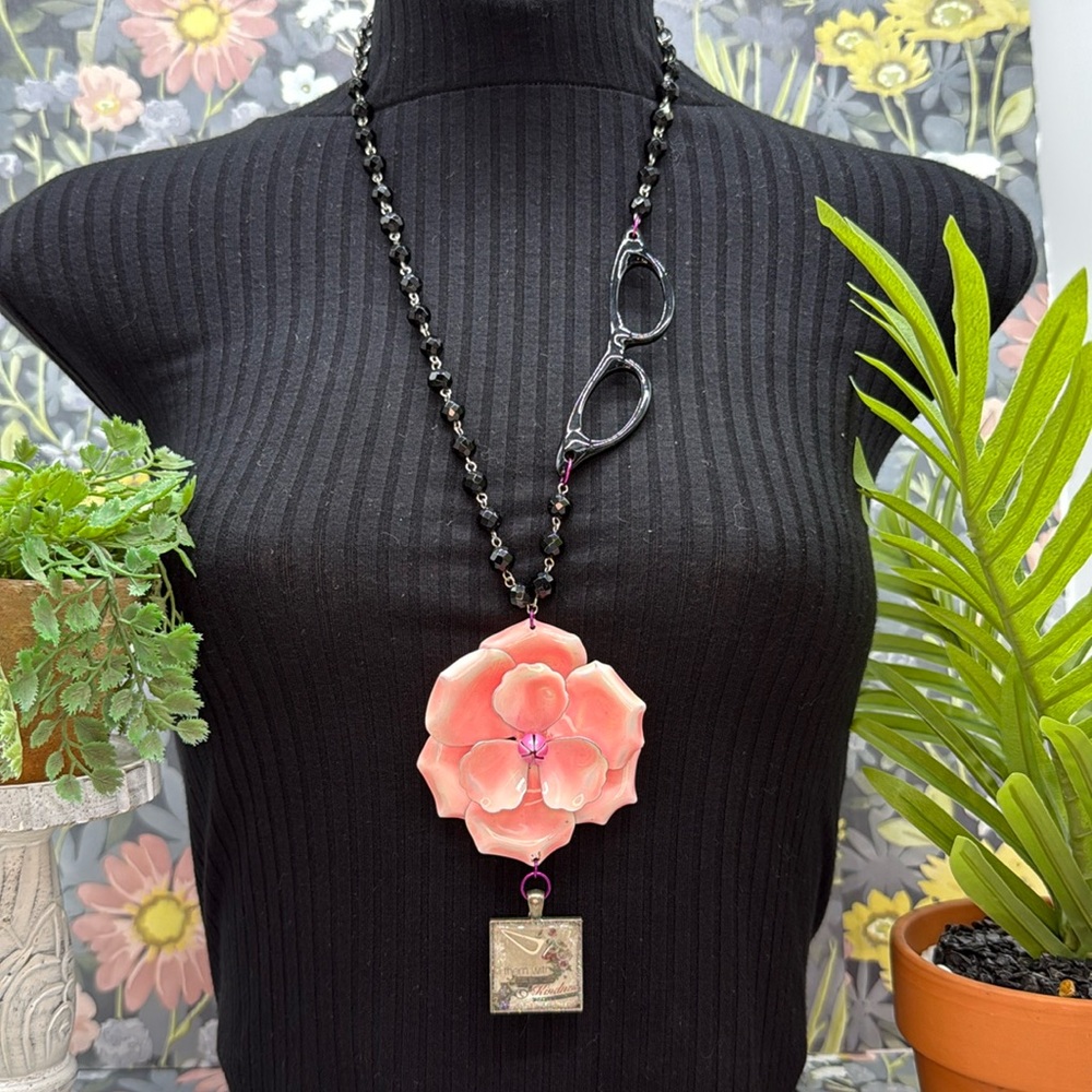 👑Adorned Crown Jewelry assemblage pink enamel flower kindness glasses necklace